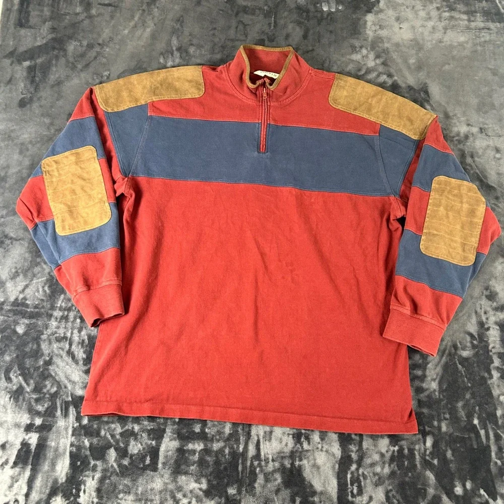 Orvis Pullover Mens XL Tall Red Colorblock Elbow Patch 1/4 Zip Rare